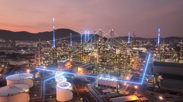 Glowing blue digital network lines flowing through a massive oil refinery and petrochemical plant at twilight. Smart factory technology, IoT infrastructure, and modern energy data management.