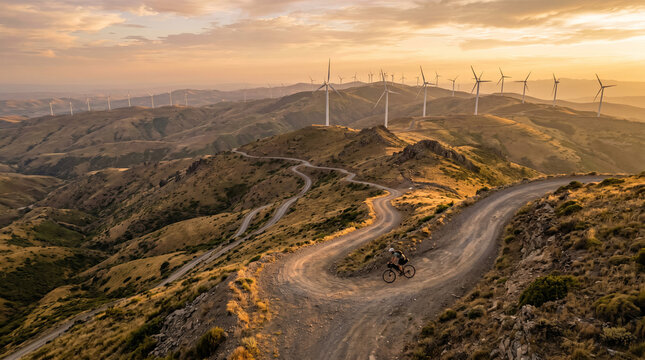 A male adult mountain biker rides a dirt switchback road atop rolling hills at golden sunset, with a wind farm spanning the distant mountain ridges.