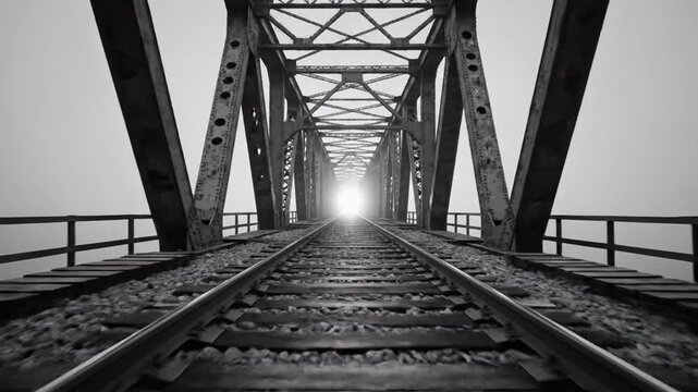 Symmetrical monochromatic point-of-view shot traveling down a straight railroad track with metal rails and wooden sleepers receding toward a central vanishing point in grayscale.