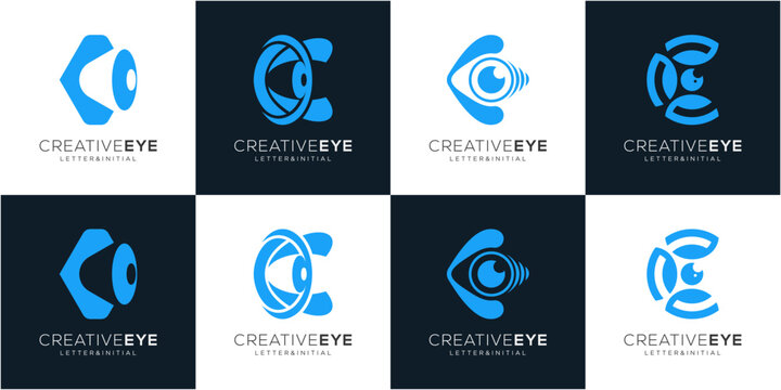 Modern letter C initial with Eye and Lens logo design collections. Abstract vision monogram blue vector icon symbols.