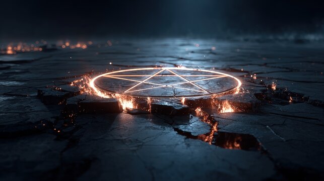 Glowing infernal pentagram etched on cracked ancient stone, surrounded by dancing hellfire flames in dark ritual setting.