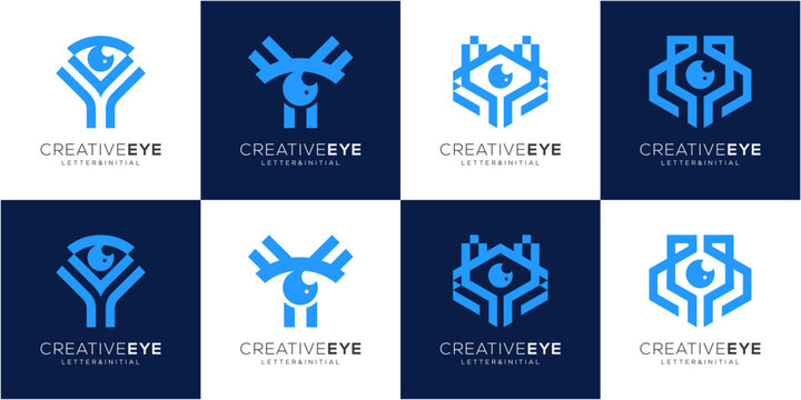 Collections of letter Y with eye and lens logo design idea. Creative vision for branding and identity vector icon symbols.