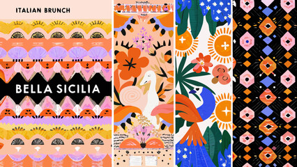 italian themed posters a row of colorful flat style illustrations with floral and animal motifs © Kapil