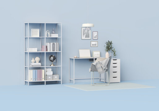 Modern home office desk scene with everyday objects, including laptop, books, and decor a clean minimalist style