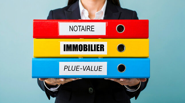 Femme comptable tenant 3 classeurs nomm&eacute;s immobilier notaire, et plue-value