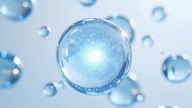 透明感あふれるブルーの美容成分分子とウォータードロップが浮遊する未来的なスキンケアイメージ。保湿美容液やヒアルロン酸、コラーゲン、水分補給を連想させる抽象的な美容科学CG背景。発光する光粒子と透明な液体表現が広がるクリーンで爽やかな美容テクノロジービジュアル。高級感のある化粧品広告やサイエンス背景素材 ジェネレーティブAI