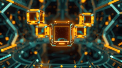 Fototapeta premium Futuristic tunnel with glowing orange cubes. Complex geometric patterns create depth, dark background enhances illumination.