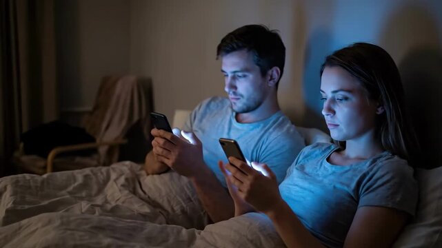 Overconnected couple with phone addiction scrolling in bed, slow zoom in on man and woman using smartphones at night