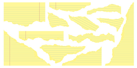 Yellow legal pad ripped paper for office and business memos. Textured notebook pieces of striped sheets with torn edge. Vector set with strokes for banner design and scrapbooking. Border and headline © Chorna_L