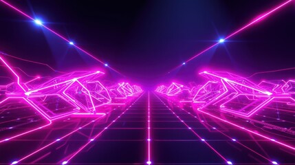 Fototapeta premium Neon grid extends into darkness. Bright pink lines create tunnel effect. Futuristic, digital aesthetic dominates scene. Stars sparkle above.
