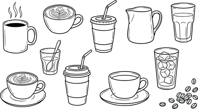 Coffee drinks and cafe beverage collection with cups, latte, iced coffee and takeaway mugs outline vector illustration set