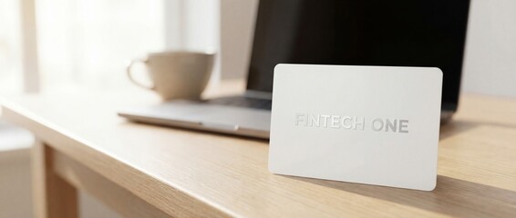 Fototapeta premium Business card on desk with laptop and coffee cup in office