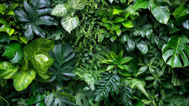 Lush green foliage wall with various tropical plants and leaves.