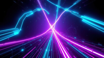 Fototapeta premium Neon lights converge, creating futuristic tunnel effect. Bright lines radiate from central point, forming dynamic composition.
