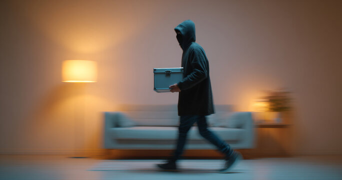 Hooded figure carrying metal case indoors