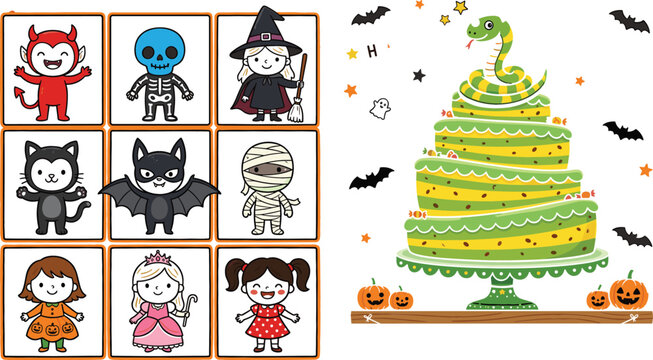 Halloween character cards and spooky monster cake collection with cute festive cartoon vector illustration set for kids