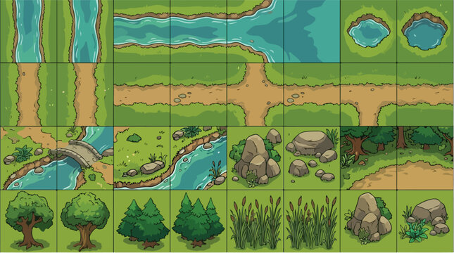 Isometric game map tileset, 2D fantasy landscape environment kit, top-down nature world building assets with river and forest elements
