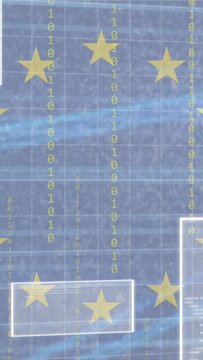 Vertical video: Data streams driving EU stars forming ring, binary flowing, showing flag backdrop