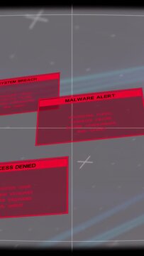 Vertical video: Incoming alerts entering, red panels drifting, rotating over HUD signaling breaches