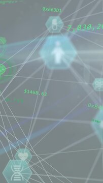 Vertical video: Digital network reacting to green labels, shifting nodes and focus visualizing data