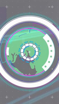 Vertical video: Blue square appearing, circular HUD revealing rotating globe, scanning data