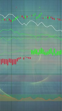Vertical video: New ticks driving chart updating bars moving and trend line falling showing decline