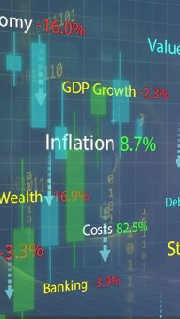 Vertical video: Timeline advancing Inflation rising while GDP dropping, bars shifting showing dip