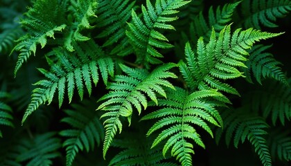 Fototapeta premium Lush green fern fronds unfurl creating intricate patterns. Deep forest foliage provides natural beauty and texture. Plant life grows vibrantly in shade.