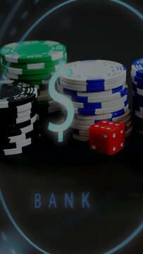 Vertical video: Casino chips responding to pulsing hologram, die settling, highlighting BANK