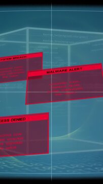 Vertical video: Magenta panels sliding after pause rotating signaling breach over crosshair cube
