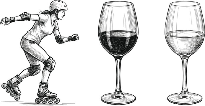 Hand drawn roller skater and wine glass engraving illustration collection with detailed monochrome vector artwork set