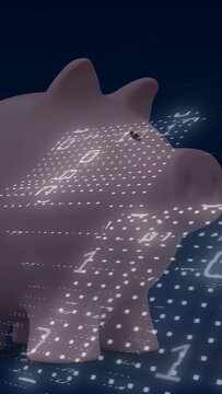 Vertical video: Dot field activating pink piggy bank receiving numeric grid mapping savings on navy