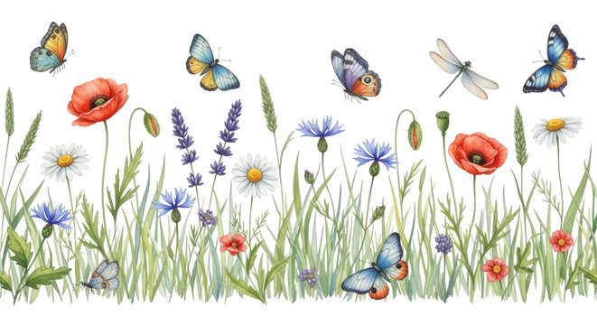 Watercolor of a wildflower meadow border with poppies, daisies, cornflowers, lavender, butterflies, and a dragonfly on black
