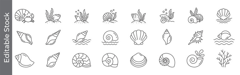 Seashell and ocean life icon set – editable outline symbols of shell, snail, crab, seaweed, coral, scallop, conch and marine underwater elements © marufpro555777