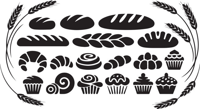 Assorted black and white bakery items icon set
