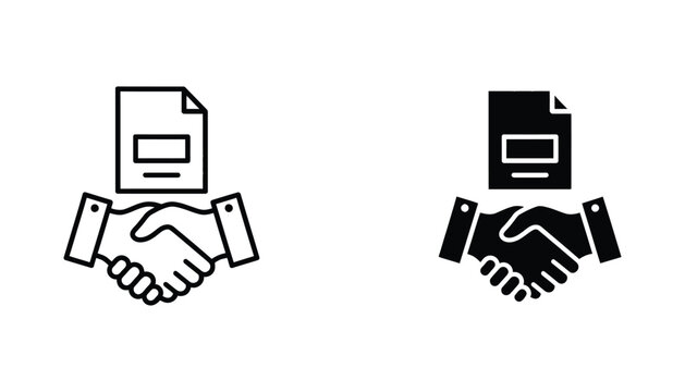 Business contract agreement handshake icon set with document symbol in outline and solid black for corporate partnership visuals