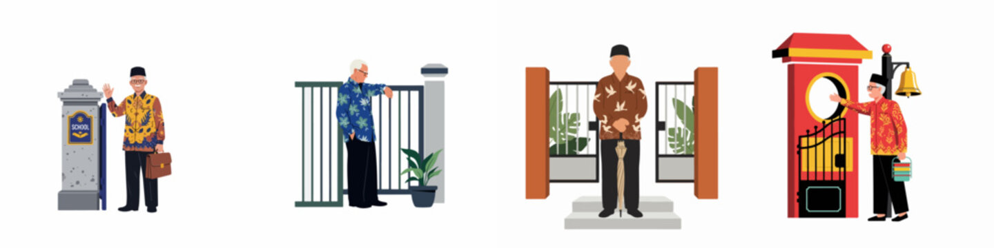 Set of illustrations depicting elderly Indonesian teachers wearing traditional batik shirts and peci in various school-related scenarios on a white background.