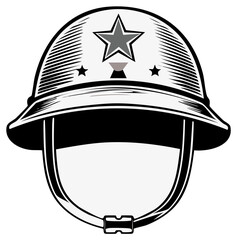 Fototapeta premium War Helmet Illustration with Star Emblem and Chin Strap for Military Use Depicted in Graphic Style