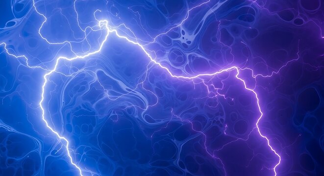 Vibrant Lightning Bolt Strikes Across a Dark Sky with Electric Blue and Purple Hues, Powerful Natural Phenomenon