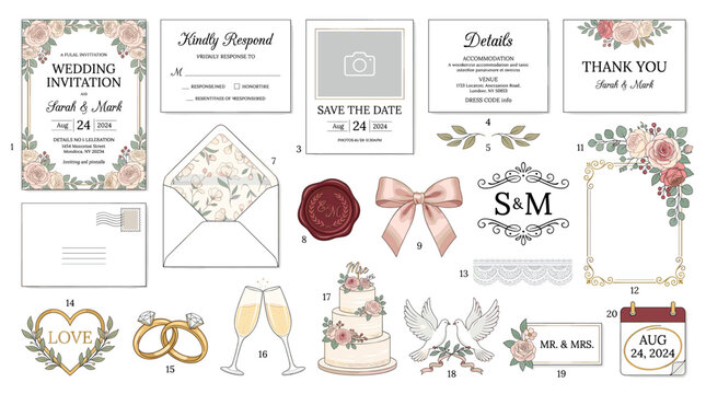 Elegant wedding stationery collection with invitation cards, save the date, envelopes, wax seal, rings, cake, flowers, ribbons and champagne