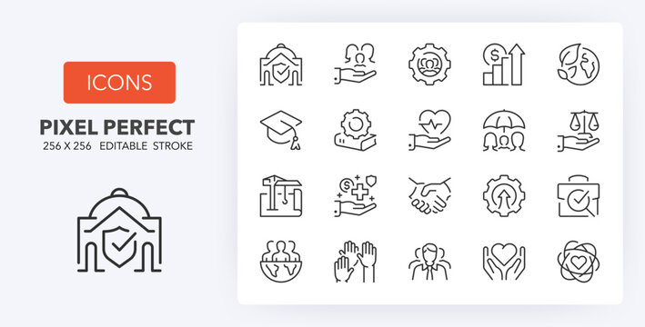 Line icons about social policies. Contains such icons as social services, legislative development, administration transparency and more. Editable vector stroke. 256 Pixel Perfect scalable to 128px...