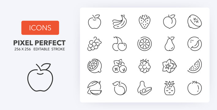 Line icons about fruits. Contains such icons as apple, strawberry, watermelon and more. Editable vector stroke. 256 Pixel Perfect scalable to 128px...