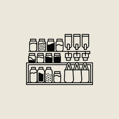 Fototapeta premium Black line illustration of various grocery products on shelves