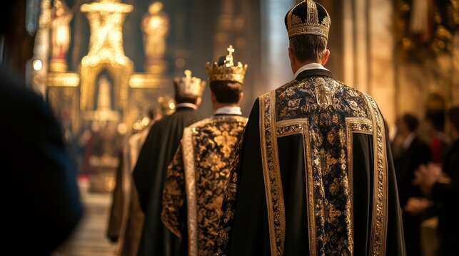Rear view of three men in ornate religious robes and crowns, processional in a church.