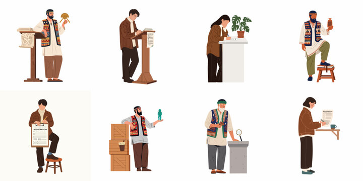 Collection of diverse archeologists and historians researching ancient artifacts, examining old maps, and documenting historical findings in flat vector style.