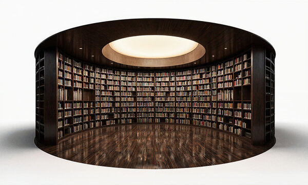 Circular Bookshelf Room. An impressive, circular library room where the entire curved wall is a floor-to-ceiling bookshelf, filled with nondescript