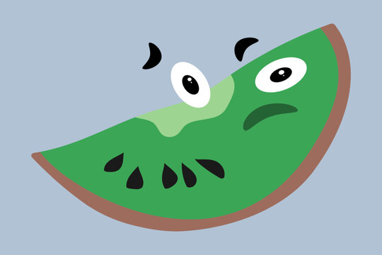 Skeptical kiwi fruit sticker with suspicious face cartoon character, vector illustration