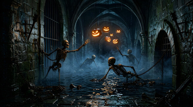 Spooky skeletons dance in a dark dungeon with glowing jack-o'-lanterns for Halloween.