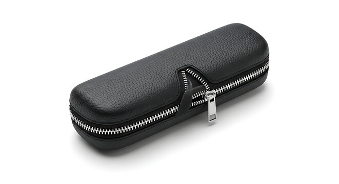 Black faux leather zippered hard case for glasses or sunglasses with silver zipper and pull tab isolated on a white background with soft shadow