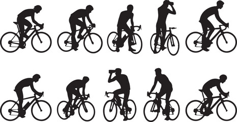 Obraz premium Cyclist silhouettes riding bicycles in different poses